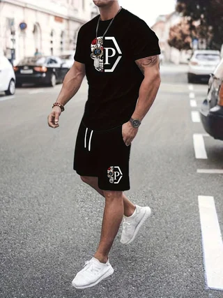 Neues Herren-Kurzarm-Shorts-Set, modischer King-bedruckter T-Shirt-Shorts, 2 Sätze lässiger Rundhalspullover, atmungsaktive Sportbekleidung