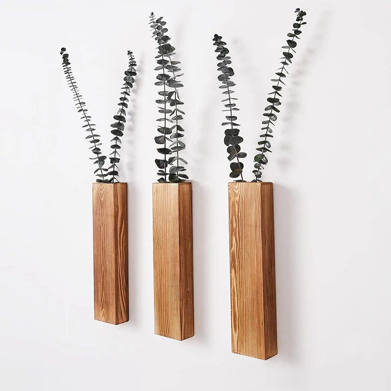 1/3 Wood Wall Vase Planter Decor For Artificial Flower Plants Wooden Plant Holder Wall Plant Pocket Vase Hanging For Living Room