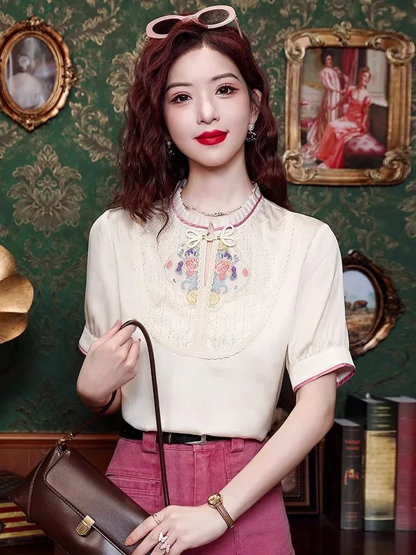 

Retro Chinese Embroidered ort Sve irt Women's Summer New Print Blouse Lady's Top Button Design Sweet Sle Polyester F...