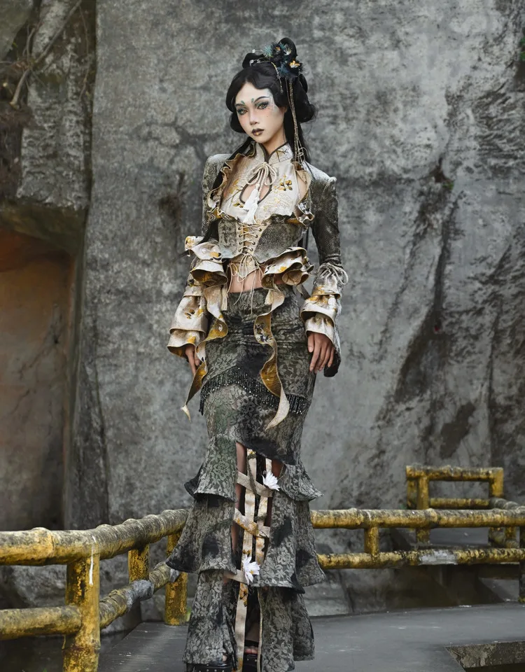 Chinese Tie-dye Slim Lace Fishtail Birdcage Skirt Spring Autumn Street Girls Age-reducing Fashion Fringed Long Irregular Skirts