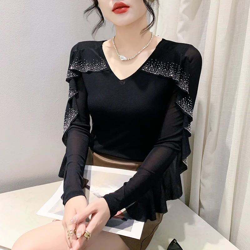 MadBlack European Clothing T-Shirt Women Sexy Ruffle V Neck Hot Drill Slim Mesh Top Long Sleeve Tee Spring Autumn  2024 T3D713JC