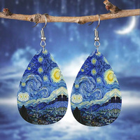 Van Gogh Starry Night Earrings Vintage Tree Of Life Water Drop Leather Earrings For Women
