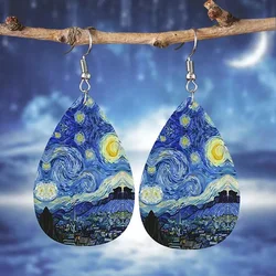 Classic Van Gogh Starry Night Earrings Vintage Tree Of Life Water Drop Leather Earrings For Women