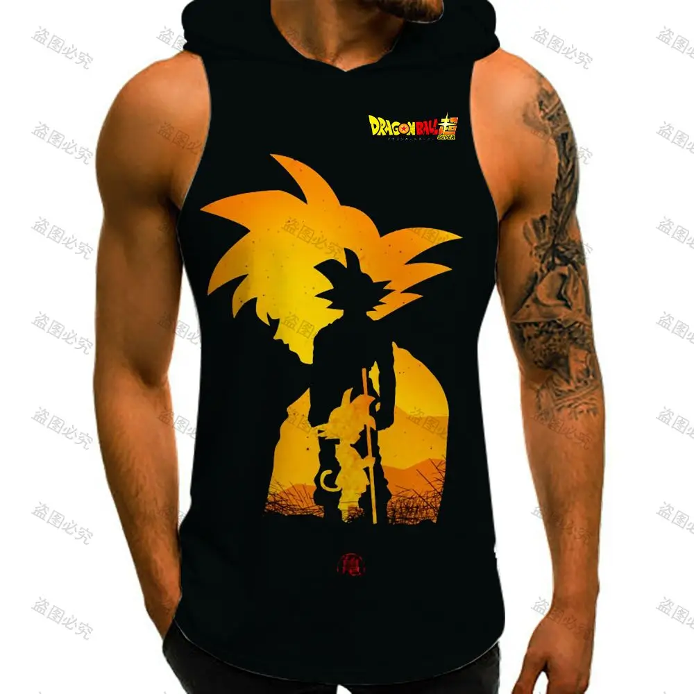 Dragon Ball Z Men's T-shirts Vest With Hood Clothing Anime Bodybuilding Super Saiya Y2k Clothes Hip Hop Goku Harajuku Style Gym