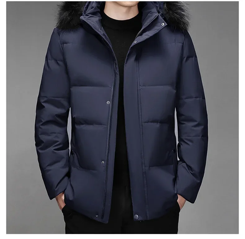 High-end Down Jacket Men\'s Winter Fashion Classic Wool Collar Hooded White Duck Down Warm Coat Business Middle-aged Short Parka