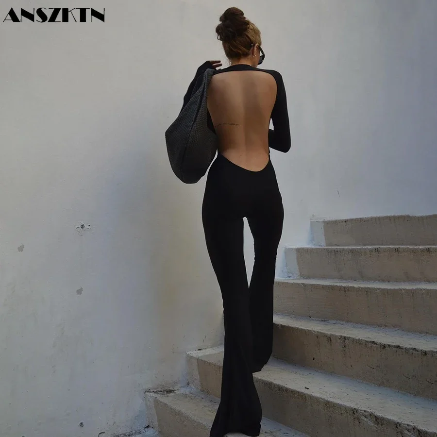 ANSZKTN Skinny 21AW Soild Backless Hollow Out Fitness Macacão Mulheres Bodysuits Para Mulheres Macacão