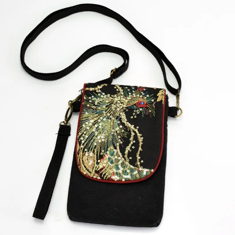 New Embroidery Bag Peacock Sequins Embroidery Mini Canvas Portable Crossbody Bag Handbag Fashion Casual Wallet Mobile Bag