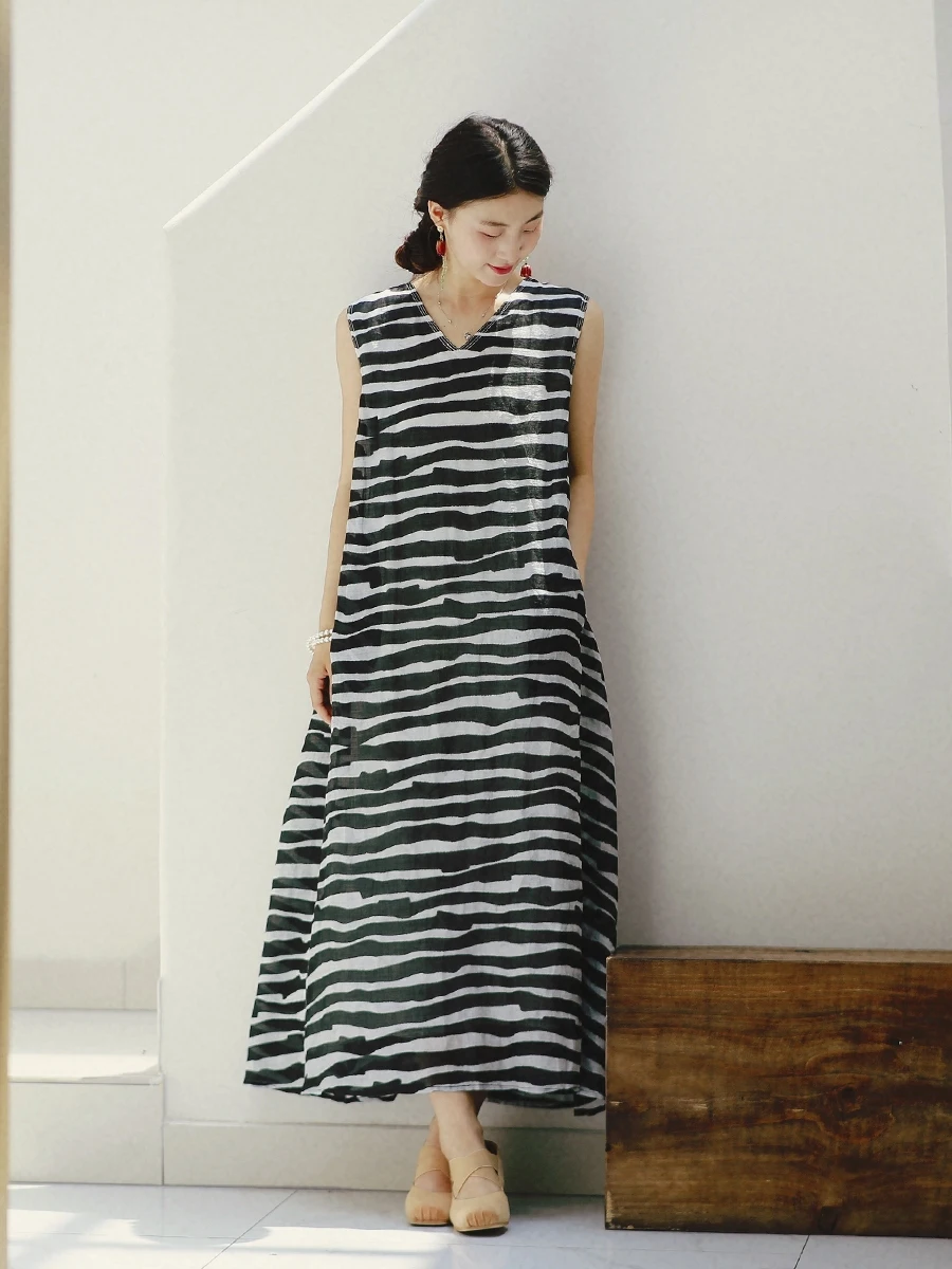 

Muede Original Summer New Lightweight Cool Flax Double Layer Svel V-Ne Printed Dr Commute Sle Summer Dr