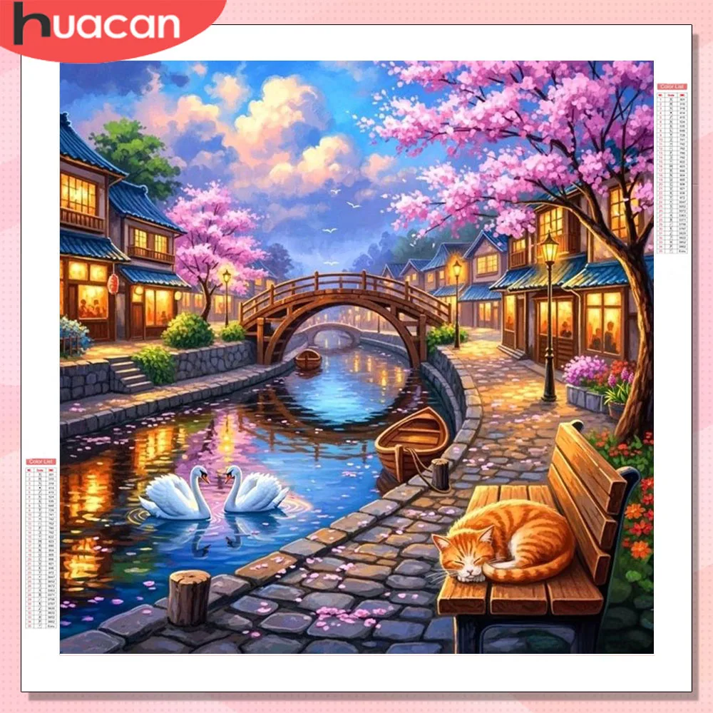 HUACAN Diamant-Mosaik 5D Naturlandschaft Brücke DIY Diamant-Kunst-Malset Kirschblüte 5D DIY Strass Erwachsenen-Bastelset
