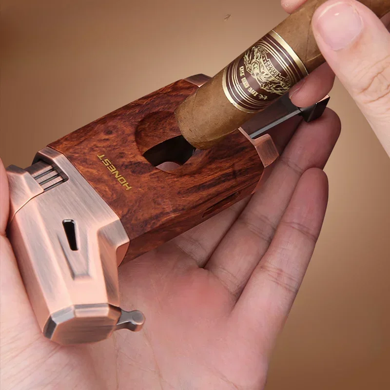 Nouveau allume-cigare de luxe avec coupe en forme de V fenêtre à gaz Visible allume-cigare rechargeable torche briquet fumeur cadeau pour hommes