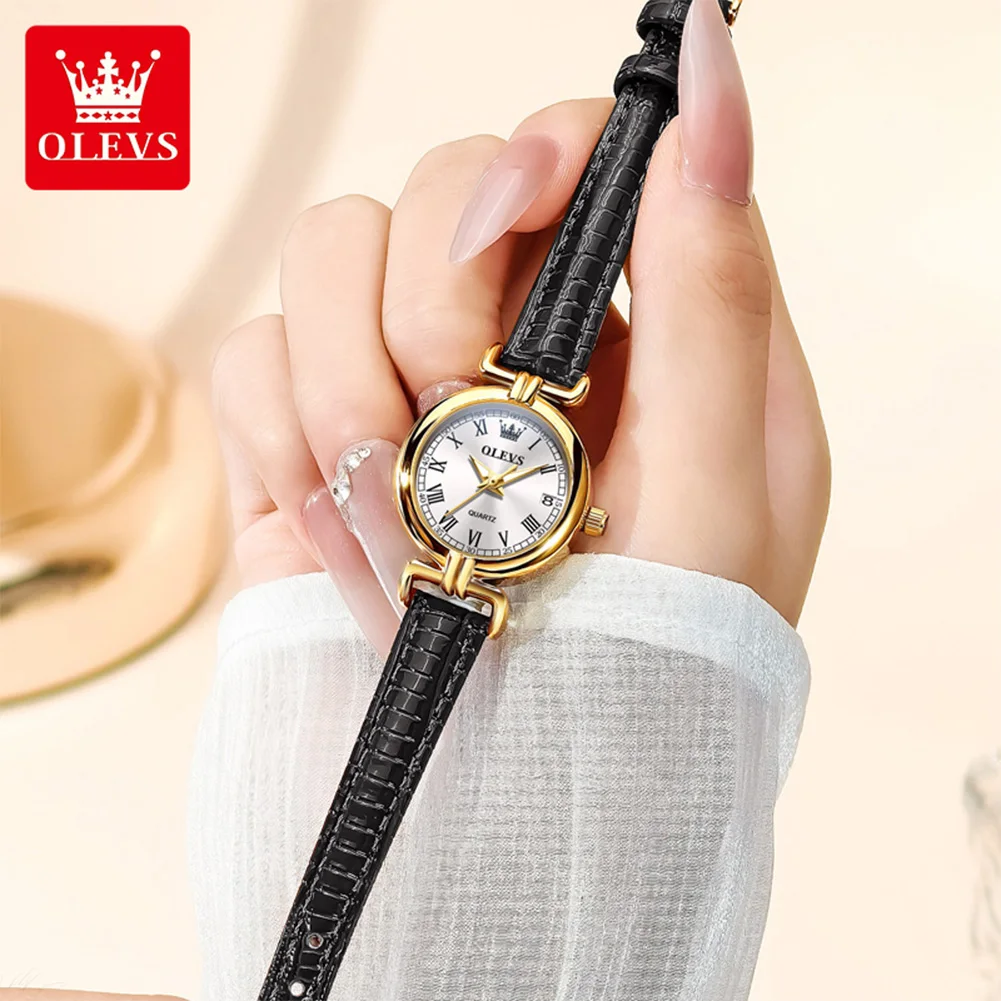 OLEVS 5645 Original Leather Strap Watch For Women Original Quartz Wristwatch Waterproof Luminous Auto Date Luxury Women Gift