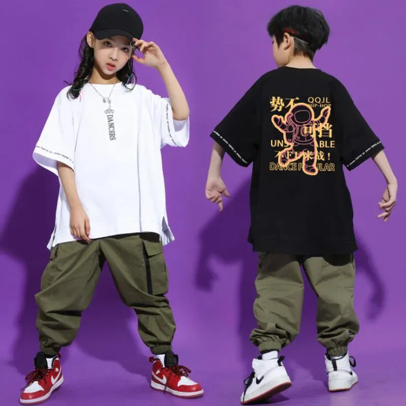 Girls Cool Carnival Jazz Dancing Costumes Loose Tshirt Tactical Cargo Pants Kids Boys Hip Hop Dance wear Outfits Stage Clothes