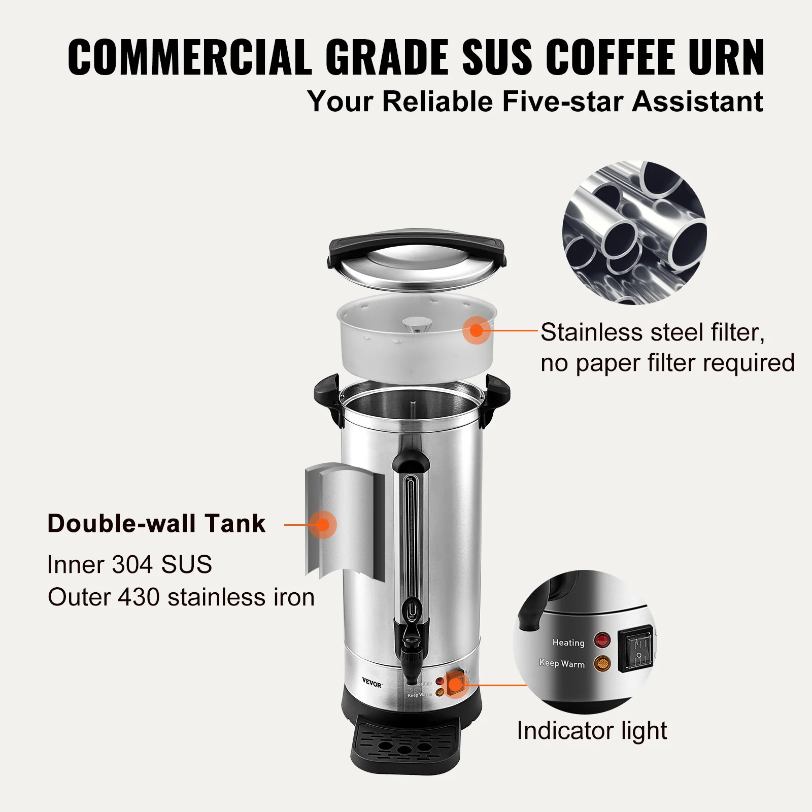 VEVOR 110 Cups Stainless Steel Coffee Thermos Urn Commercial Hot Water Dispenser for Camping Fast Brewing Easy Cleaning