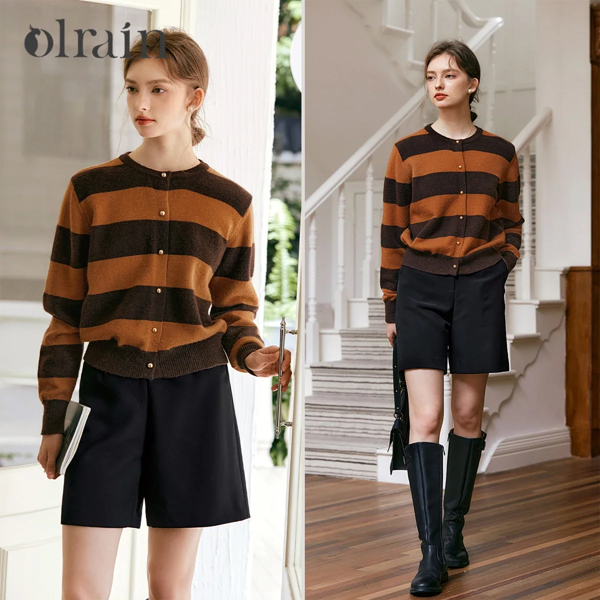 OLrain полосатый вязаный женский кардиган 2320, весенний французский винтажный свитер для поездок на работу, женский трикотаж, женская одежда N56QM93285