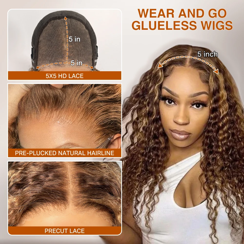 Deep Wave Honey Blonde Glueless Wigs 100% Human Hair Pre Cut Highlight Wear and Go Curly Wigs for Women Ombre HD Lace Front Wig image 6