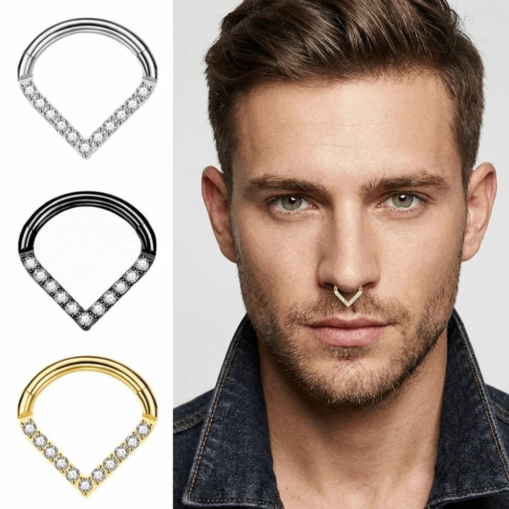 Anillo de Nariz de Acero Quirúrgico Dorado con Forma de Lágrima y Diamantes de Imitación, Joyería de Piercing Corporal en Oro Negro para Mujer
