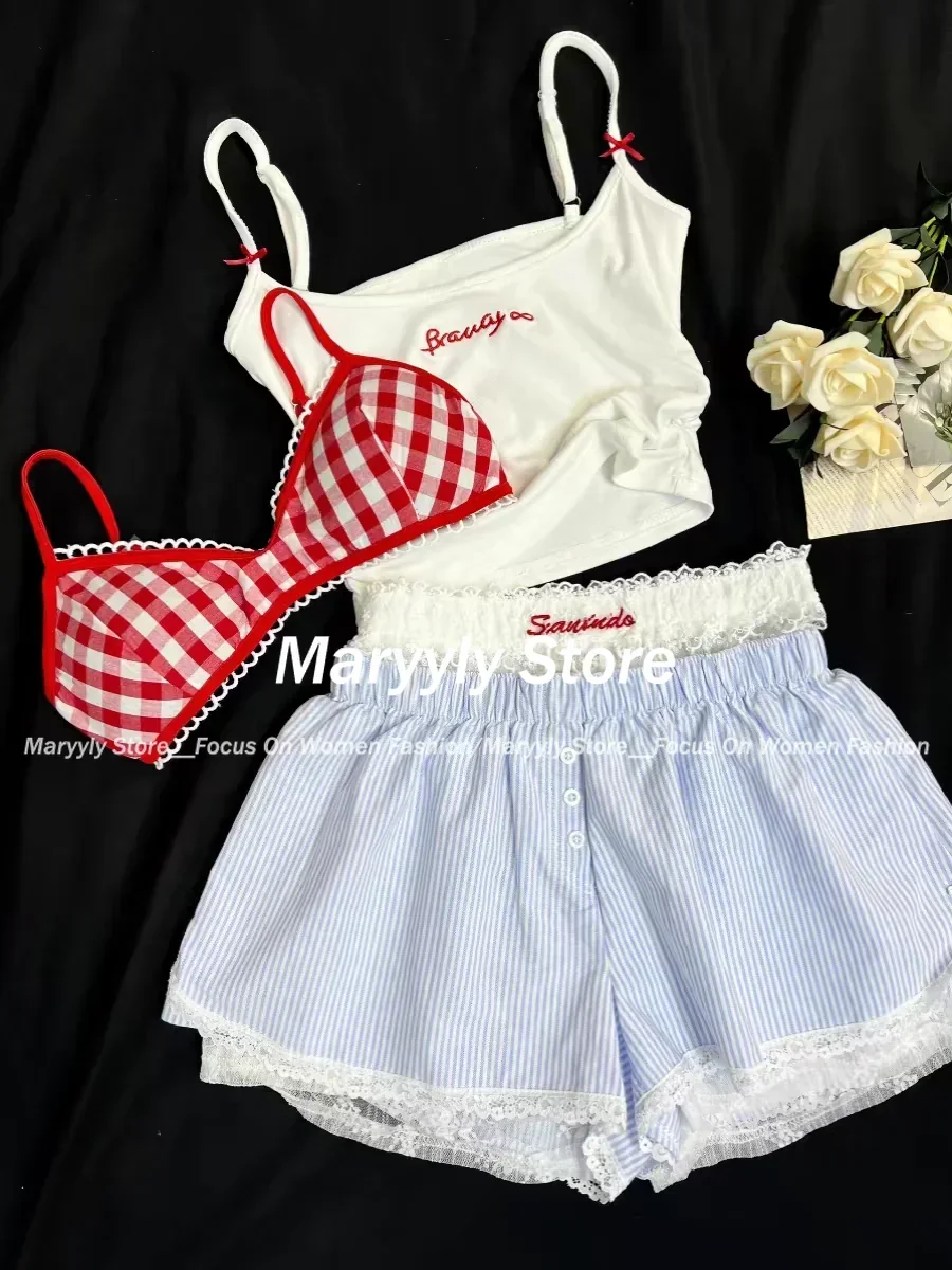 Sweet Sexy Lace 4 Piece Set Women Y2k Plaid V Neck Sling Tops + Elastic Waist Bow Short Pants Summer Fashion Hot Girl Suits New