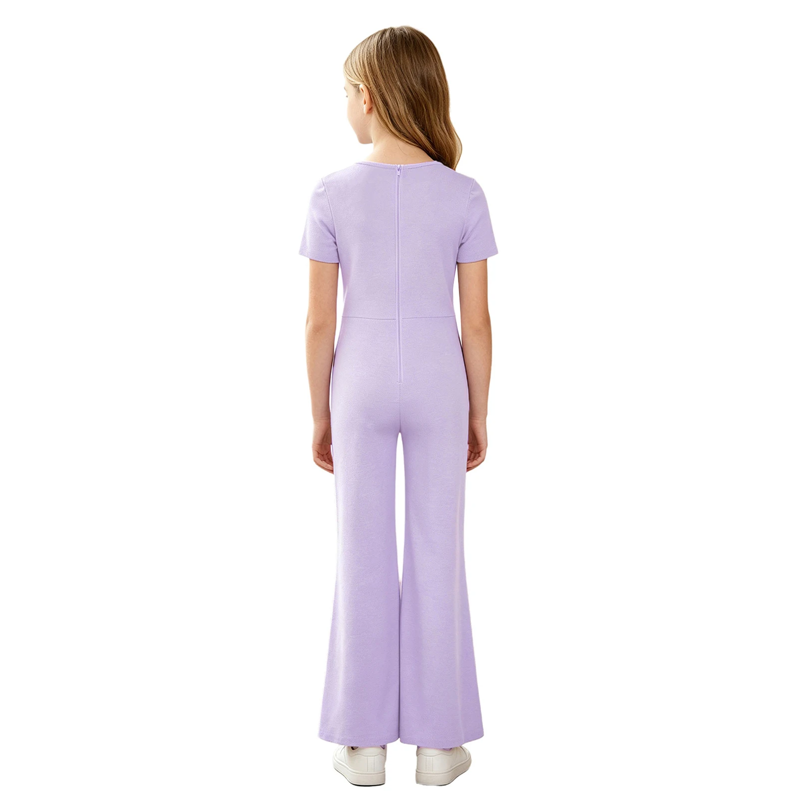 Kids Girls Casual Solid Color Jumpsuit Special Needs Adaptive Clothing Short Sleeve Anti-strip Back Zipper Bell-bottom Rompers view 3