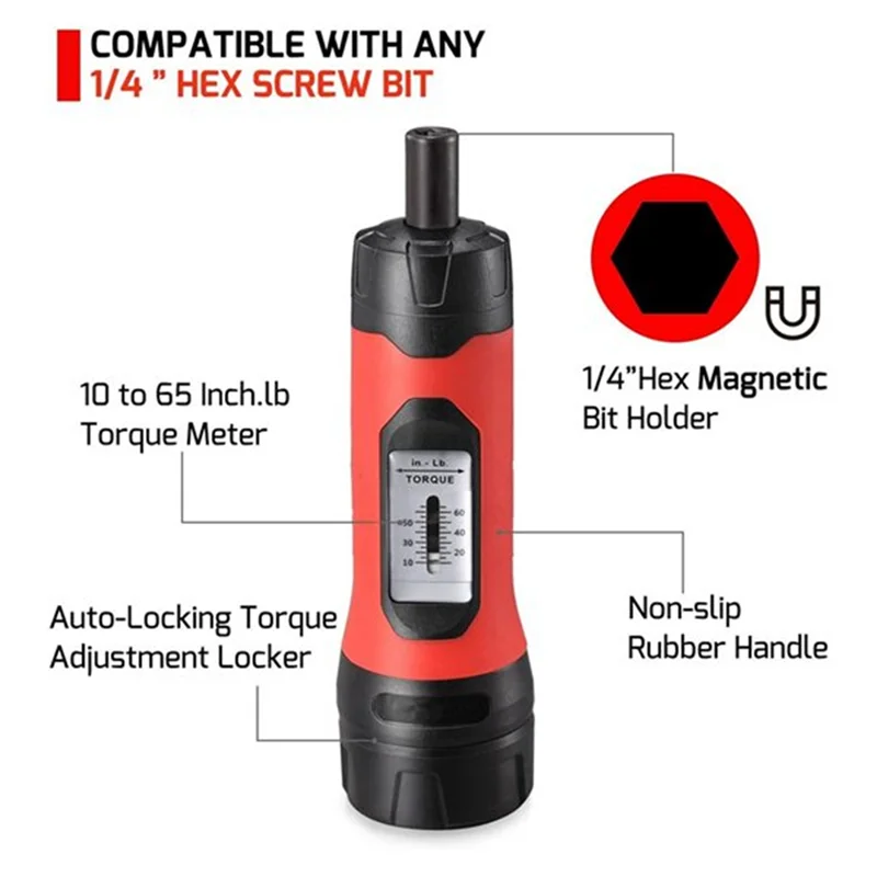 Most-Accurate Torque Wrench Screwdriver 1/4 Inch Drive Ergonomic Grip Adjustable Range 10 65In Lb (80),Bicycle Repair Tools