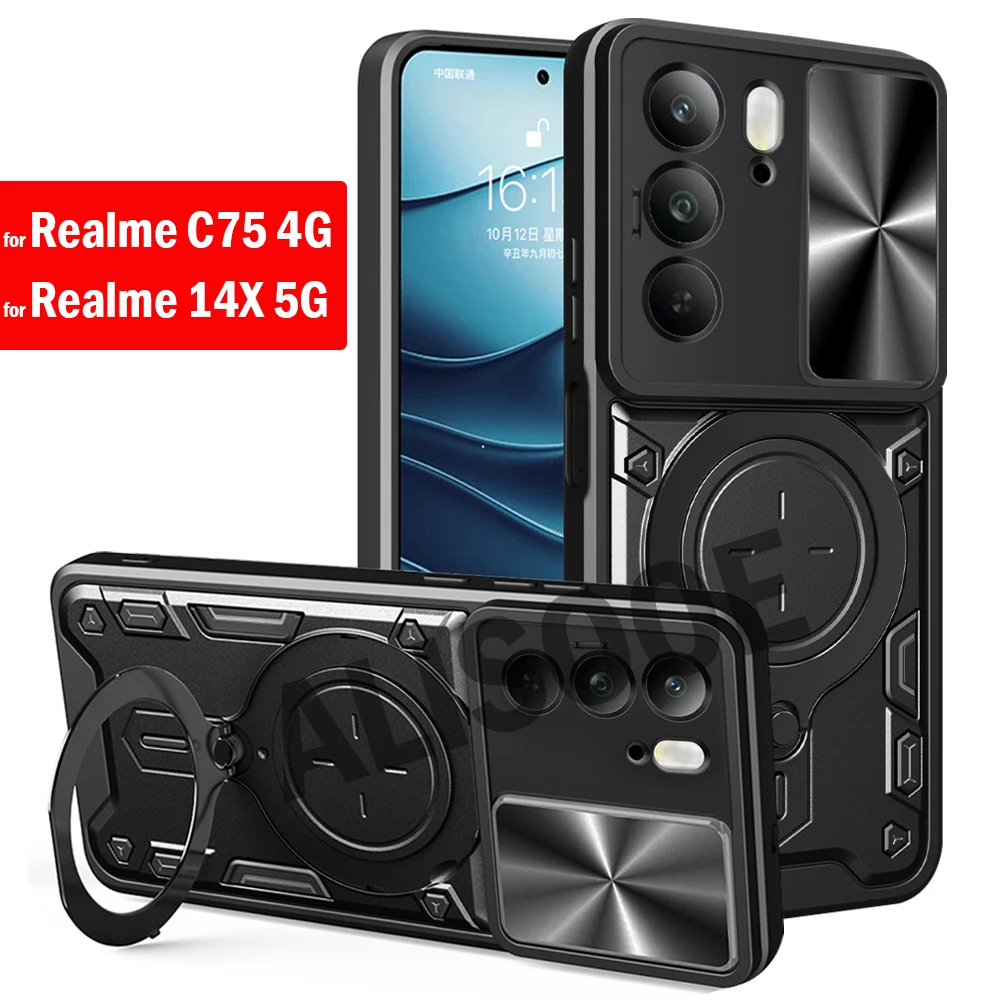 Magnetic Stand Funda for OPPO Realme C75 4G Case Armor Slide Camera Ring Holder Protection Cover  for Realme 14X 5G Capa