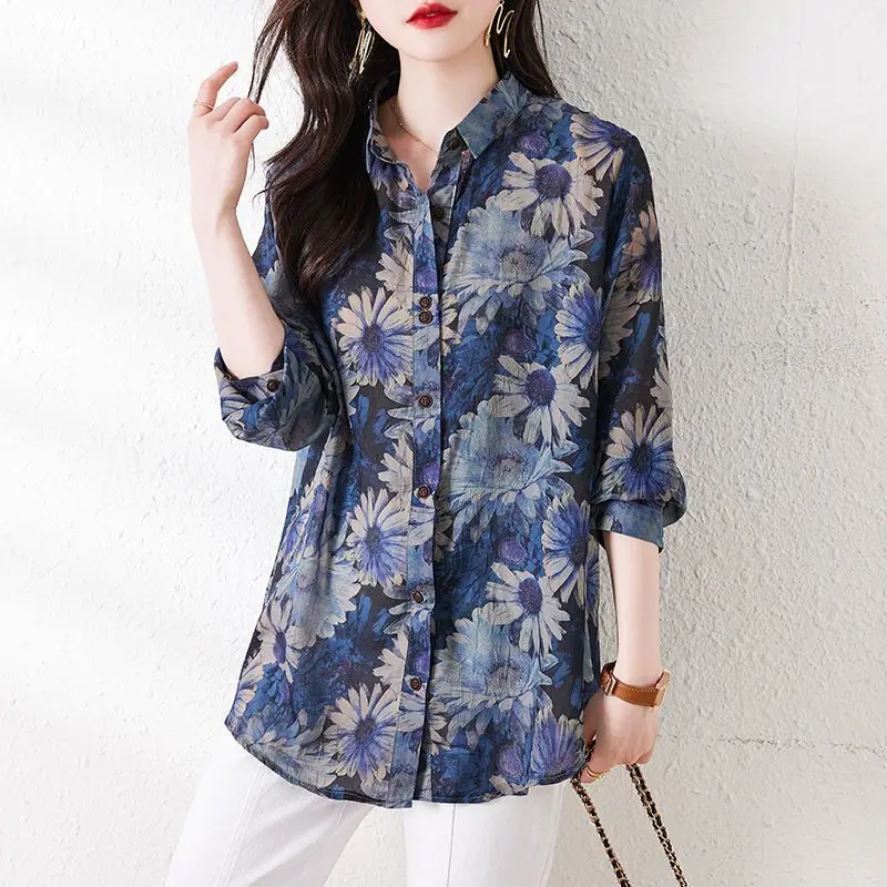 Commute Turn-down Collar Shirt Vintage Floral Printed Women\'s Clothing Loose Single-breasted Spring Autumn Long Sleeve Blouse