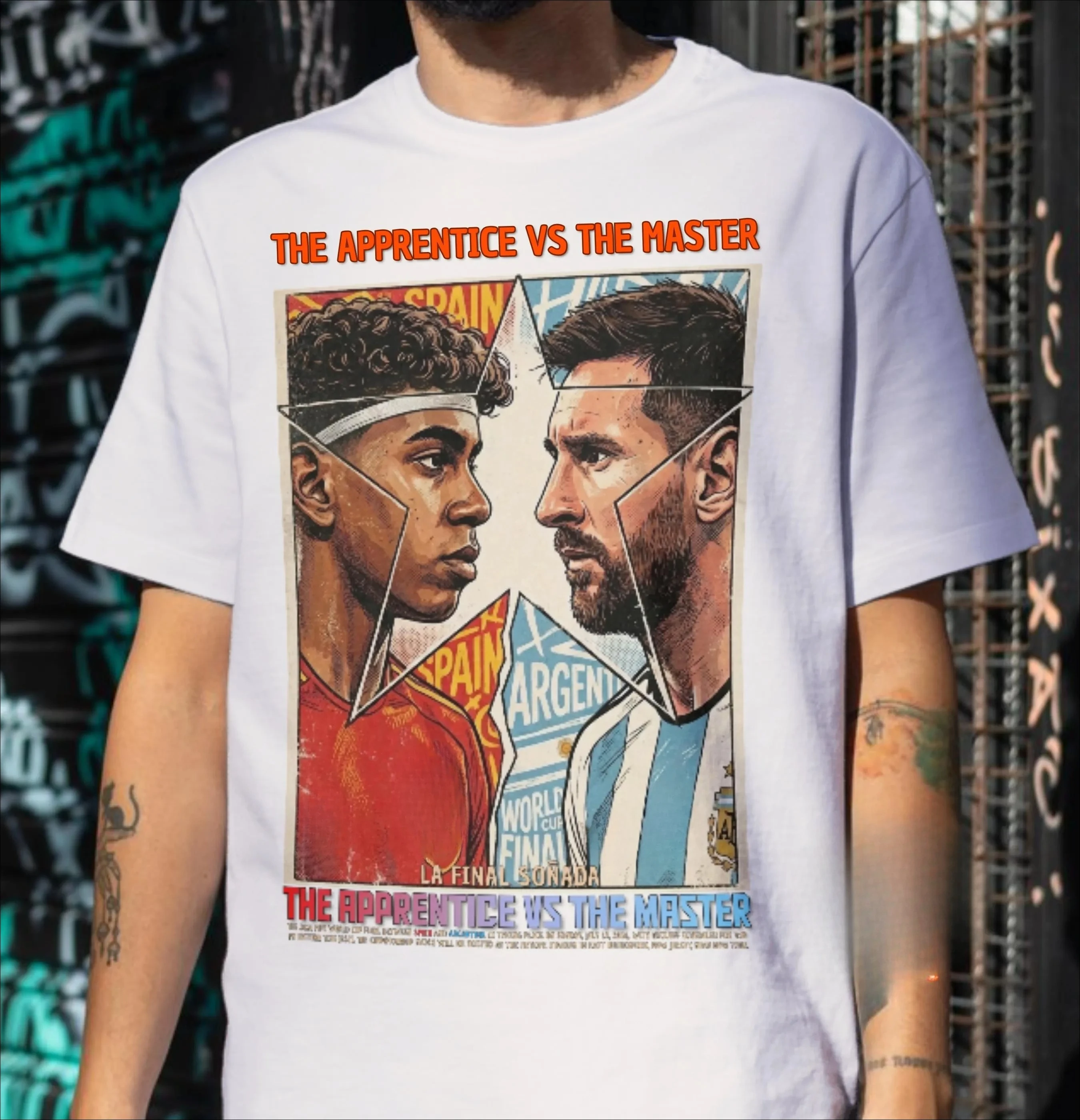 Vintage Comic Style The Apprentice Vs The Master Lionel Messi Lamine Yamal Final Graphic Oversized Tshirt