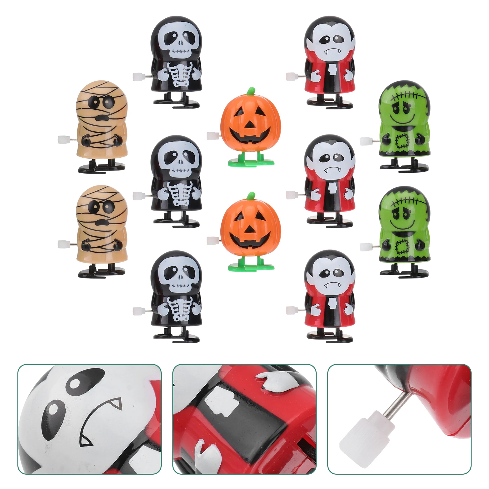12pcs Halloween Assorted Favors Zombie Mummy Skull Green Figure Revolving Pumpkin Funny Shimmy Shake Safe Plastic