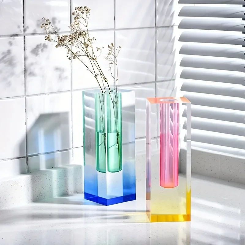 Gradient Acrylic Square Vase Modern Color Block Transparent Flower Vase Desktop Tabletop Decor for Living Room Home Ornament