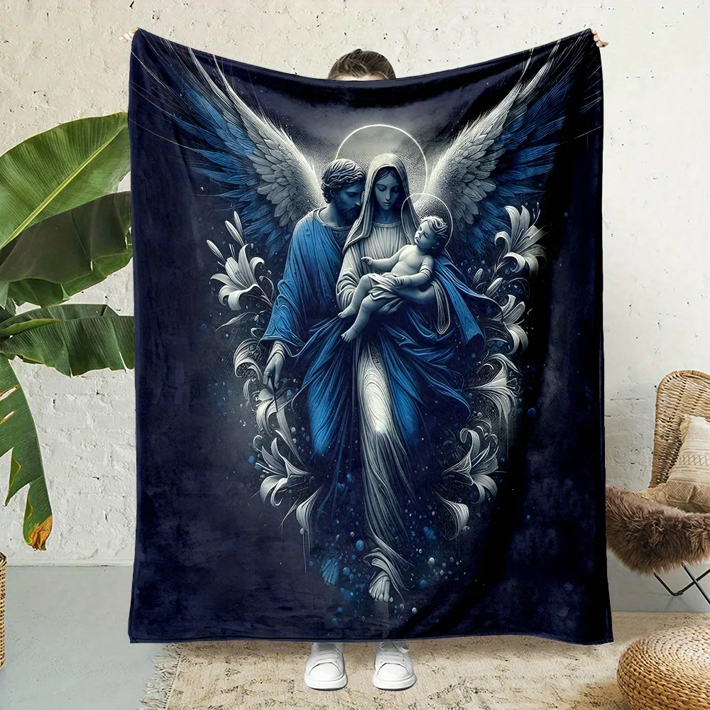 Luxury Spiritual Christ Madonna Family Blue Divine Art Print Throw Blanket Home Decor Tapestry for Living Room