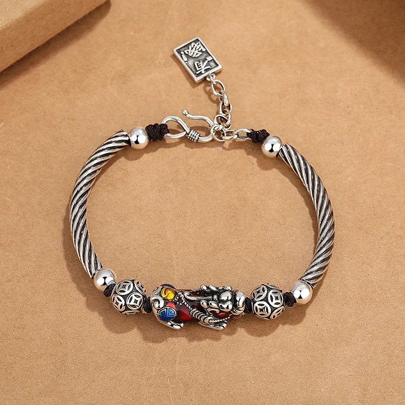 Ethnic Style Relief Coin Bead Pixiu Bracelet For Men Jewelry Vintage Wealth Beast Bracelet Male Hand Accessories Lucky Pendant