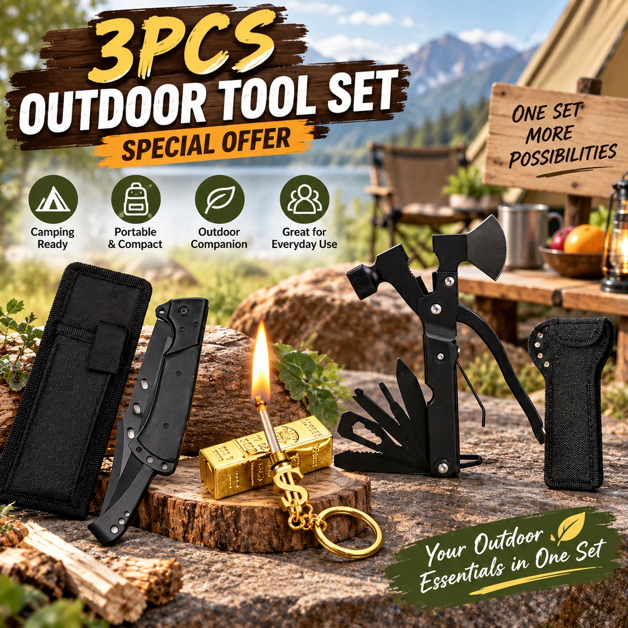 Ensemble de 3 outils de camping, outil compact pour la préparation des fruits + allume-feu + outil multifonctionnel pour l'extérieur, ensemble à prix spécial