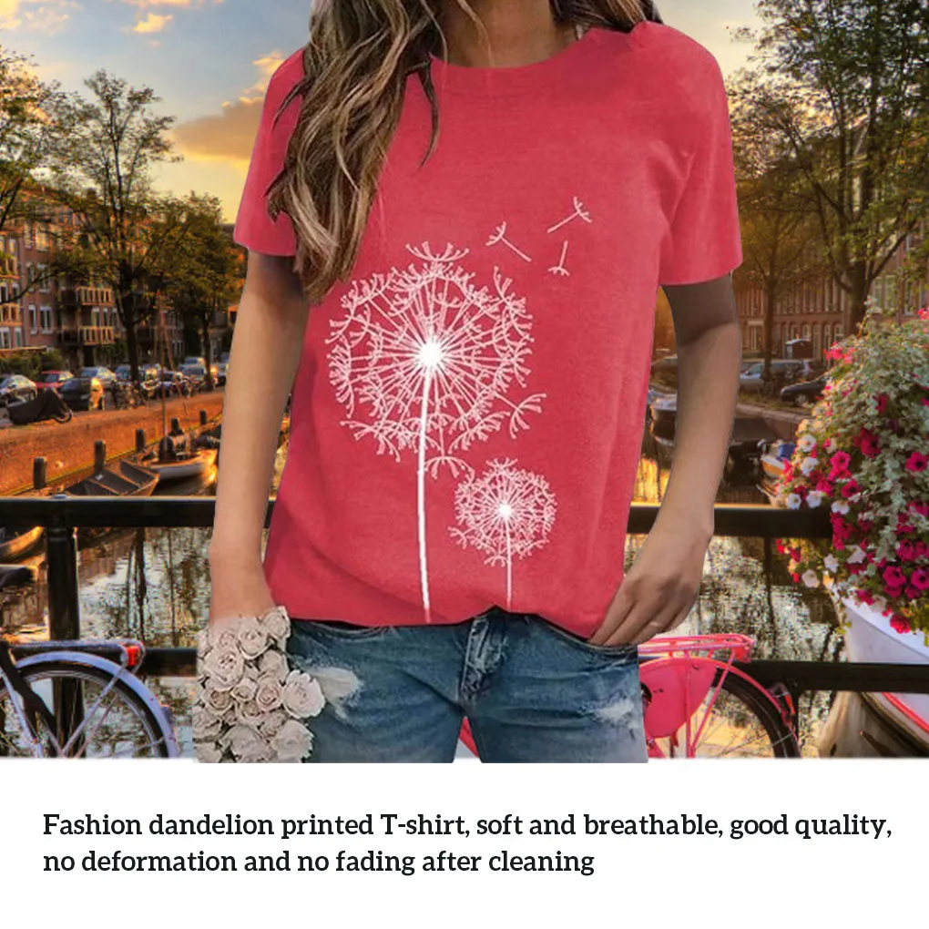 女性シャツ半袖タンポポ通気性 Tシャツユニバーサルカジュアル服ファッションアクセサリー日常着ブルー L