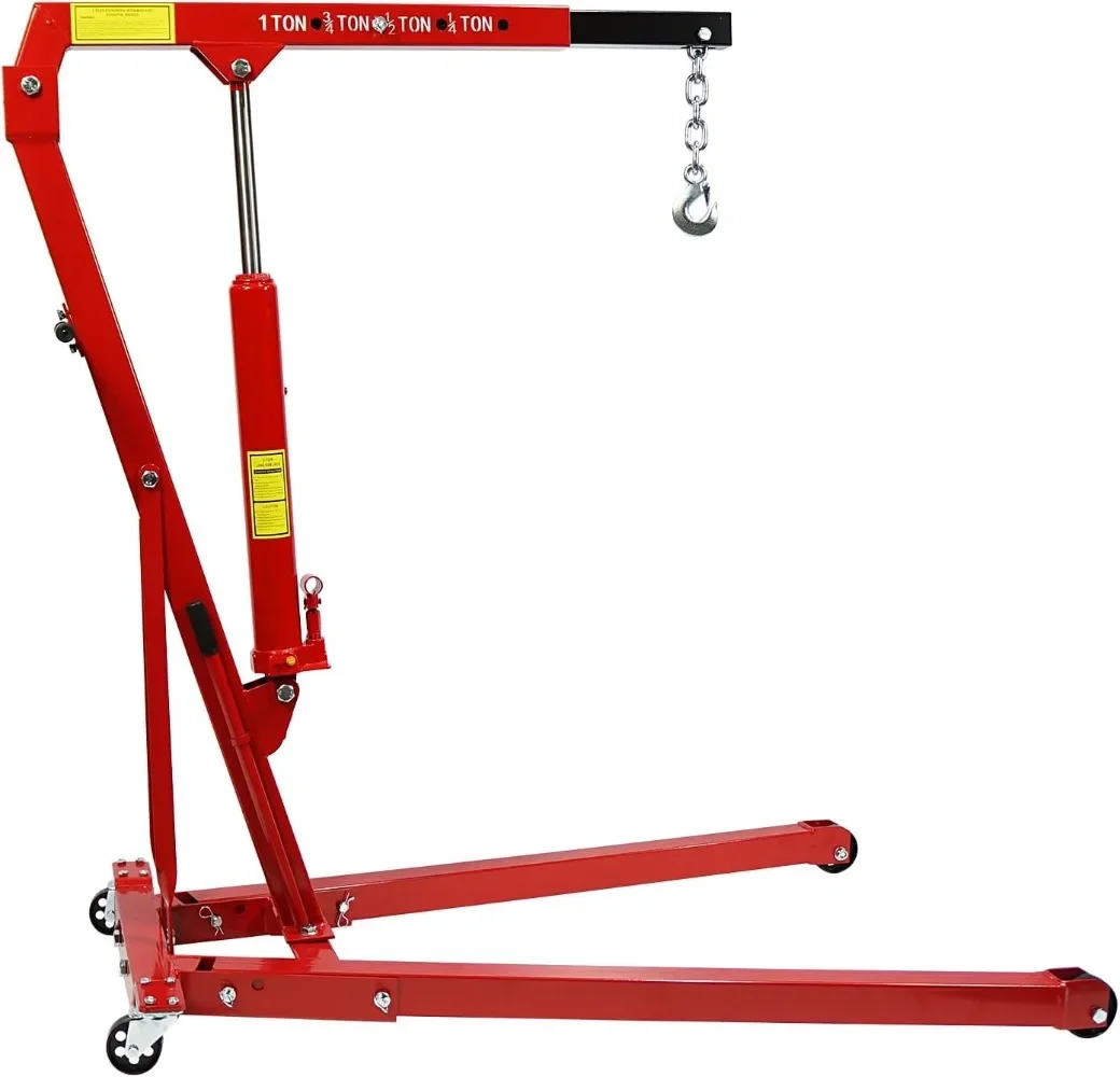 1 Ton Folding Cherry Picker Shop Crane Hoist Lift, Heavy D uty Hydraulic Engine Crane with 4 Casters, Engine Hoist Lever