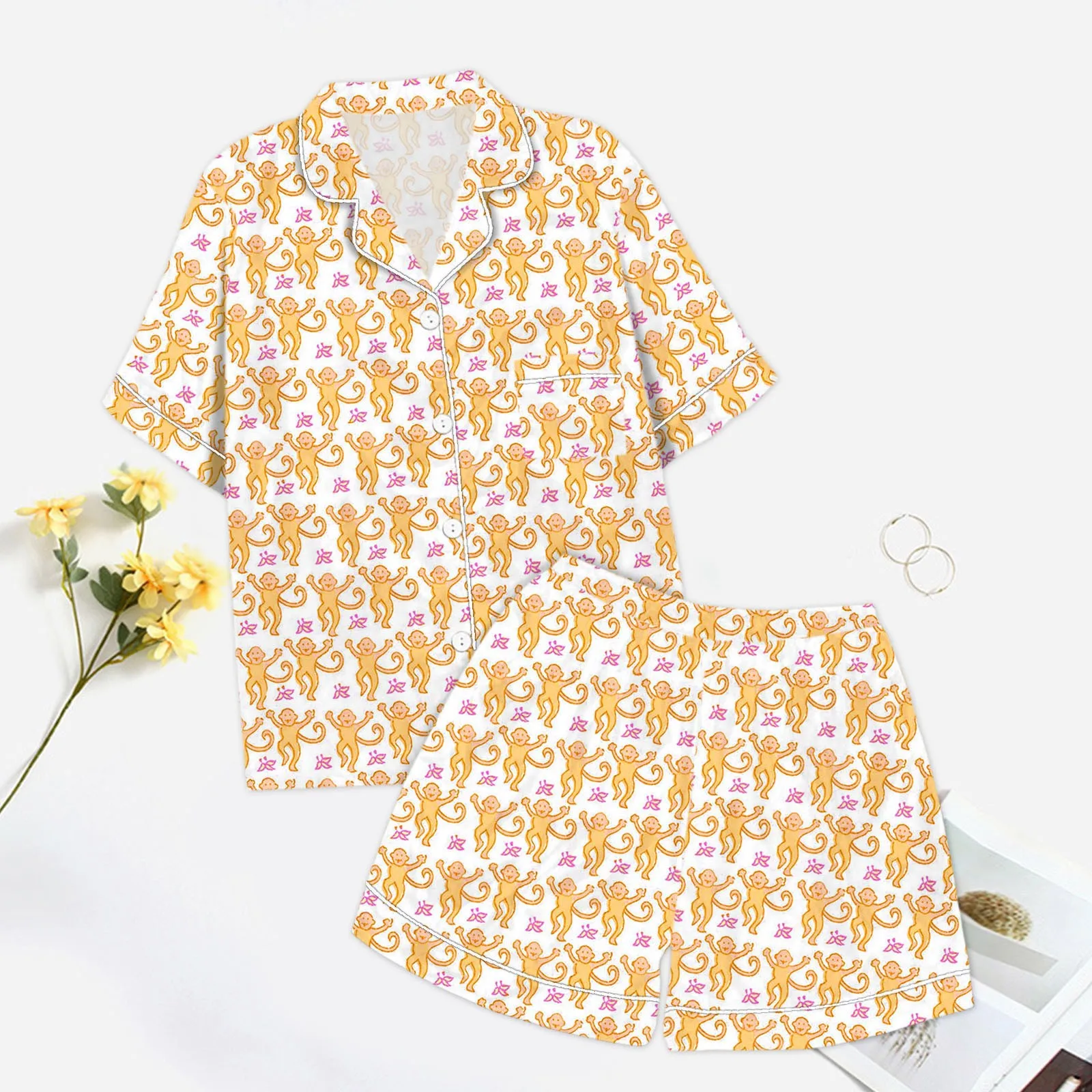 Pajamas Monkey Pattern Shirt Shorts Pajamas Set For Women Graphic Print Short Sleeve Button 2 Piece Sets Sleepwear Loungewear