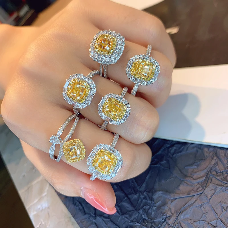 LUOWEND 100% 18K White Gold Rings Luxury Palace Style Real Natural Yellow Diamond Cocktail Ring for Women Senior Banquet