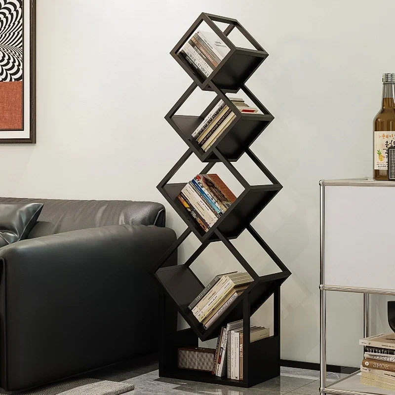 Floor-to-ceiling storage shelves at the corner of the living room, integrated bookcase, simple display rack against the wall