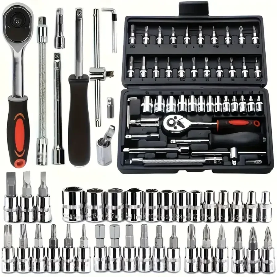 

46-piece set 1/4 ratchet wrench with hexagonal sleeve wrench set Automobile repair tool complete set Quick tool Quick repair
