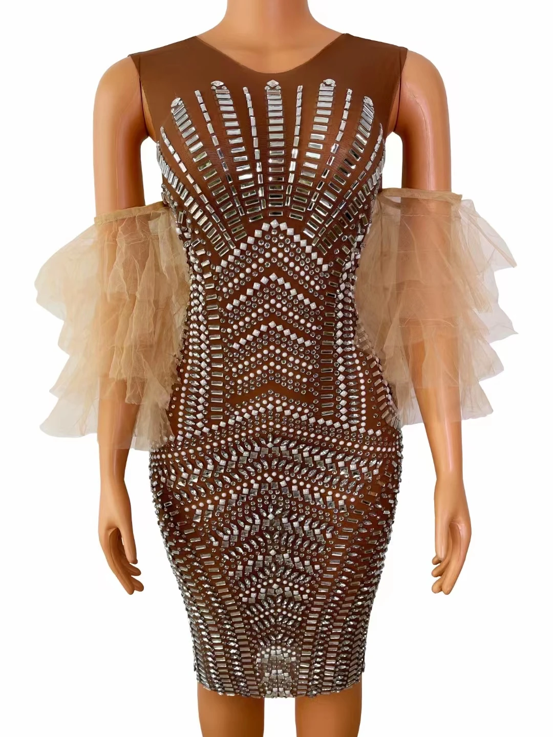 Sparkly Rhinestonesโปร่งใสBodyconชุดหรูหราจัดเลี้ยงพรหมวันเกิดPartyตาข่ายชุดนักร้องEvening Show Stageเครื่องแต่งกาย