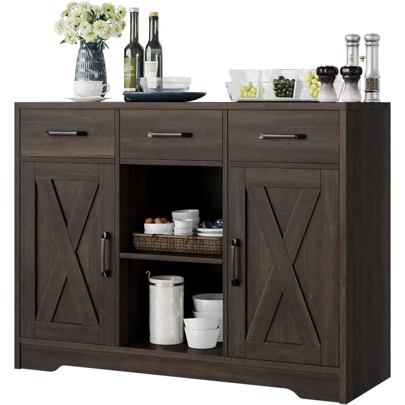 

Modern Farmhouse Buffet Storage Cabinet with Barn Doors Sideboard with Drawers and Shelves, Wood Coffee Bar Cabinet