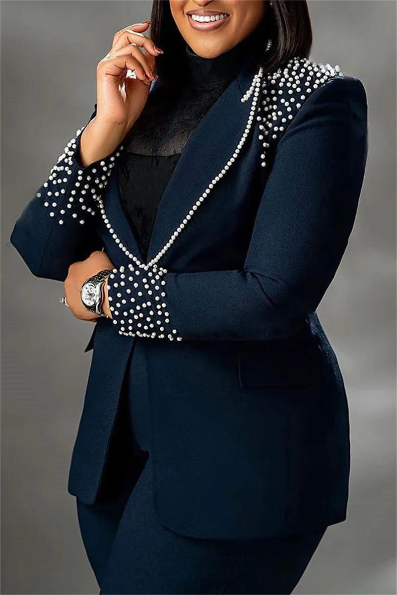 Luxury Elegant Formal Two Piece Set for Women Matching Sets Office Lady Club Business Pearls Blazer Coat and Wide Leg Pant Suits