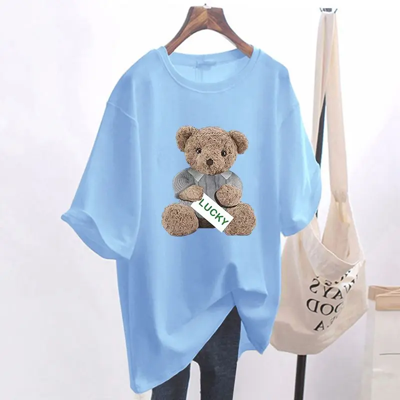 Summer Fashion Animal Bear Print Basic T-shirts Women Casual Pure Cotton O-neck Short Sleeve Top Tee Office Lady Loose Pullovers