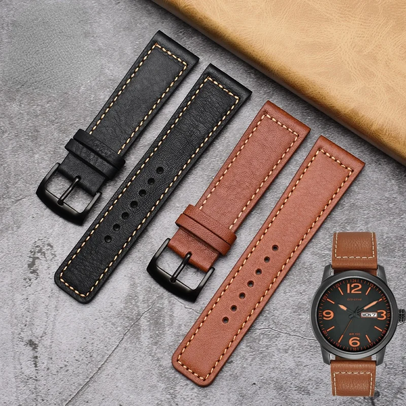 Genuine Leather Watch Band for Citizen Sao Orange Bm8475 Eco-Drive Ca0695 0690 Waterproof Sweat-Proof Cowhide Watch Strap 22mm