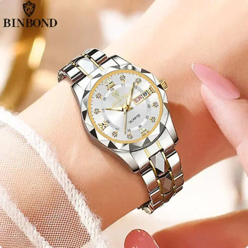 BINBOND New 2522 Fashionable Women's Quartz Watch Tungsten Steel Timer Waterproof Night Light Dual Calendar Women's Watch
