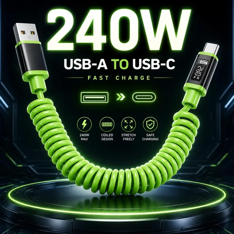 1-2PCS Spring Telescopic Type C To Type C Cable 240W Quick Charging USB-C Wire for iPhone Samsung Xiaomi Huawei Charger Cable