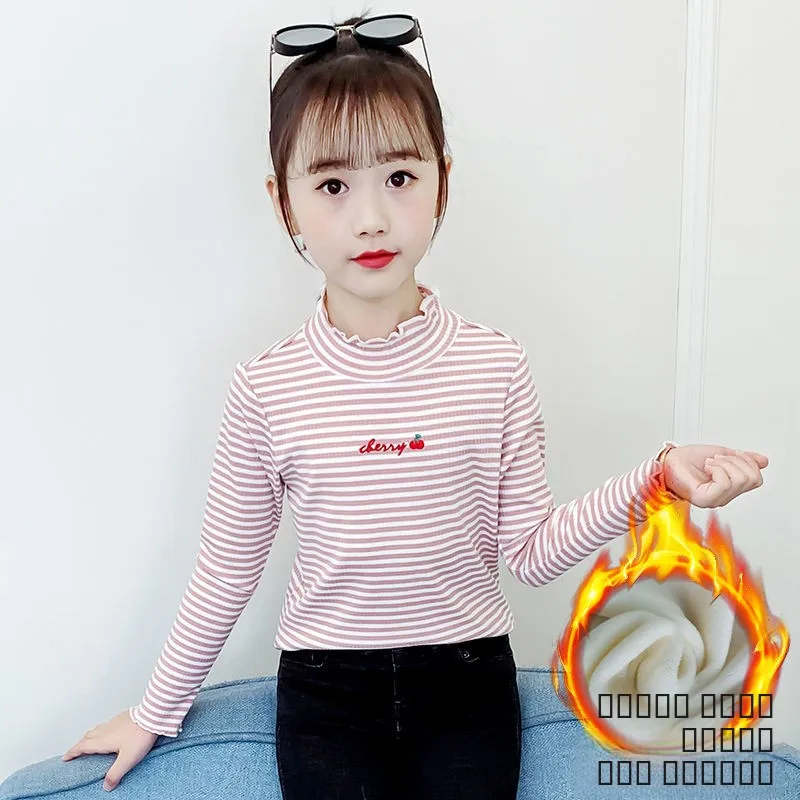 ملابس بناتي مخططة طويلة Sve قاعدة irt لربيع وخريف 2025 جديدة متوسطة وكبيرة للأطفال بياقة عالية النسخة الكورية Ch...