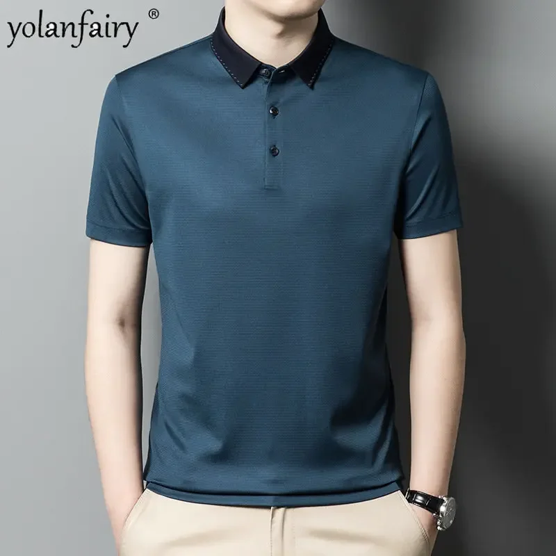 T Shirt Men 2023 Summer New Short Sleeved T-shirt Male Business Casual T-shirt 100% Mulberry Silk Polo Tops Men Clothes FCY3888