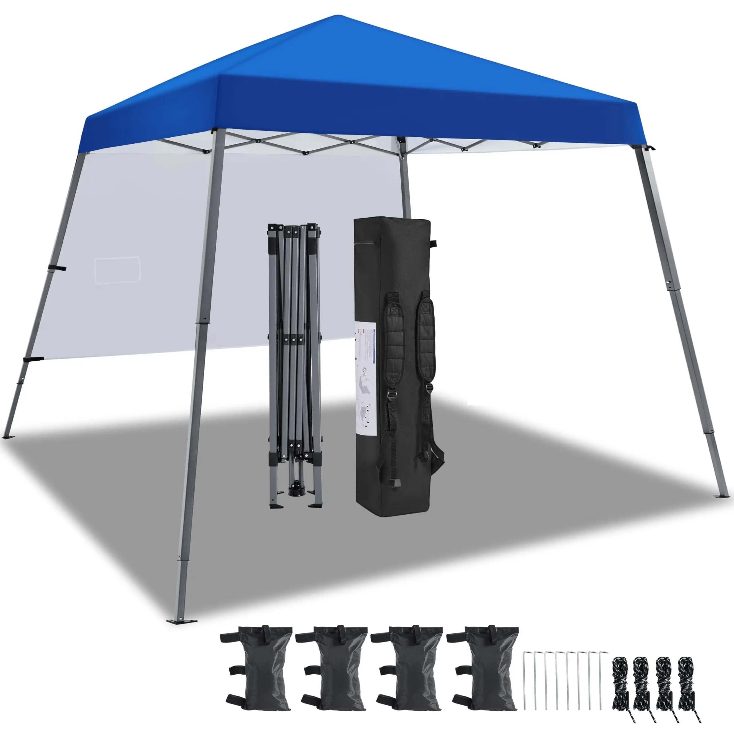 Slant Leg Pop Up Canopy 10x10 Base w/1 Sidewall White | UPF 50+, water-resistant fabric for light drizzle, ideal for