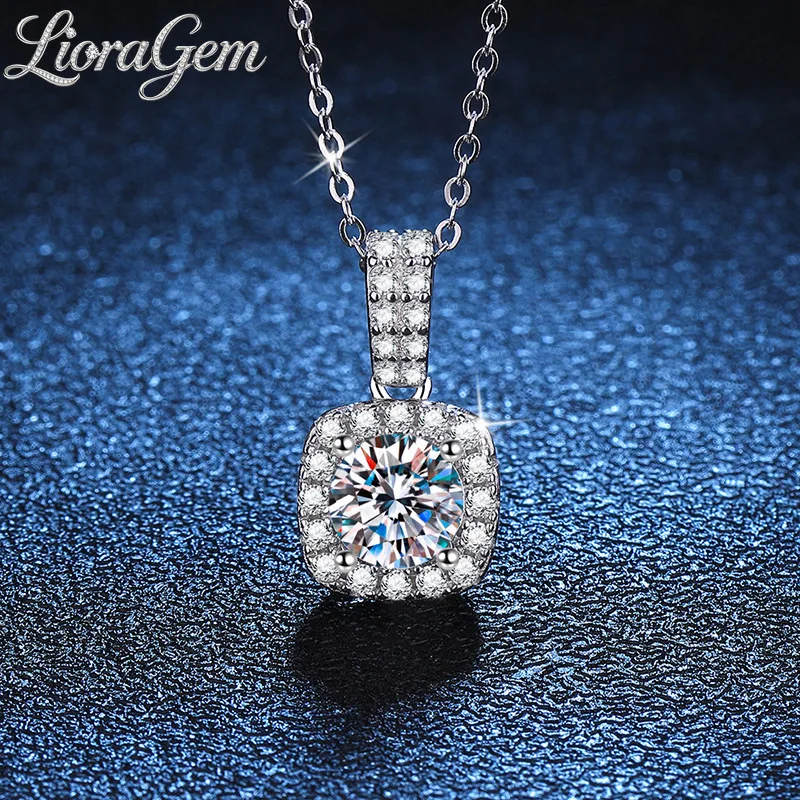 LioraGem Classic Square-Wrapped Moissanite Pendant Necklace, D-Color 1–2 Carat Moissanite Necklace Platinum PT950 Stamp