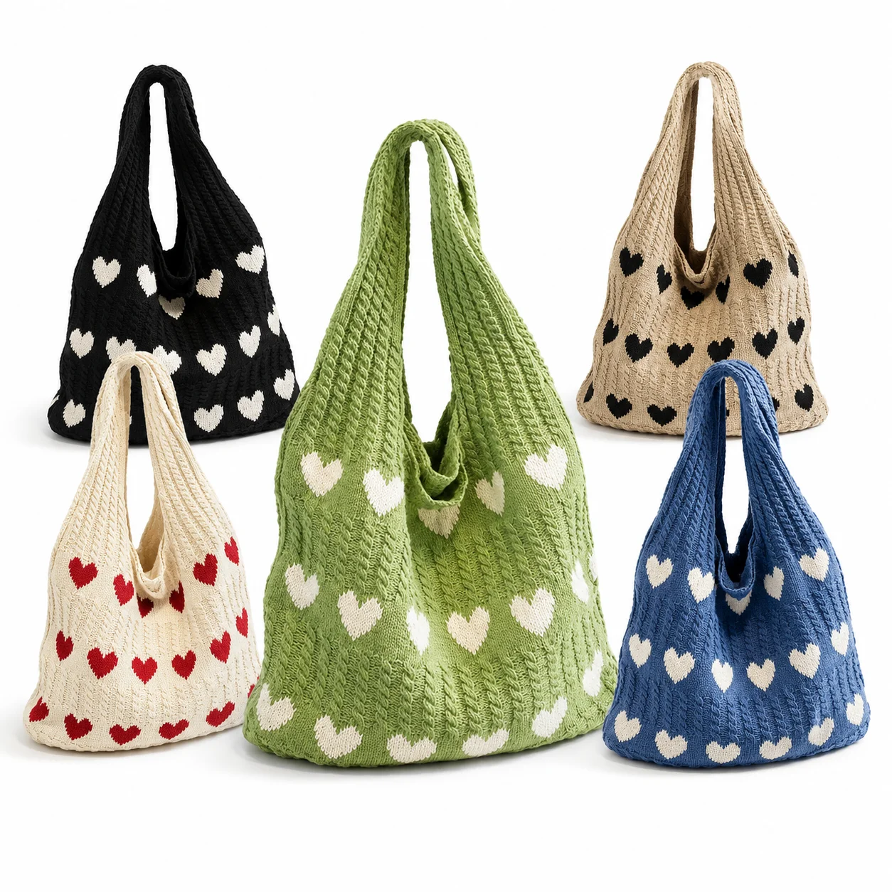 Women’s Heart Pattern Knitted Shoulder Bag, Soft Large Capacity Hobo Tote, Casual Shopping Handbag for Daily Use