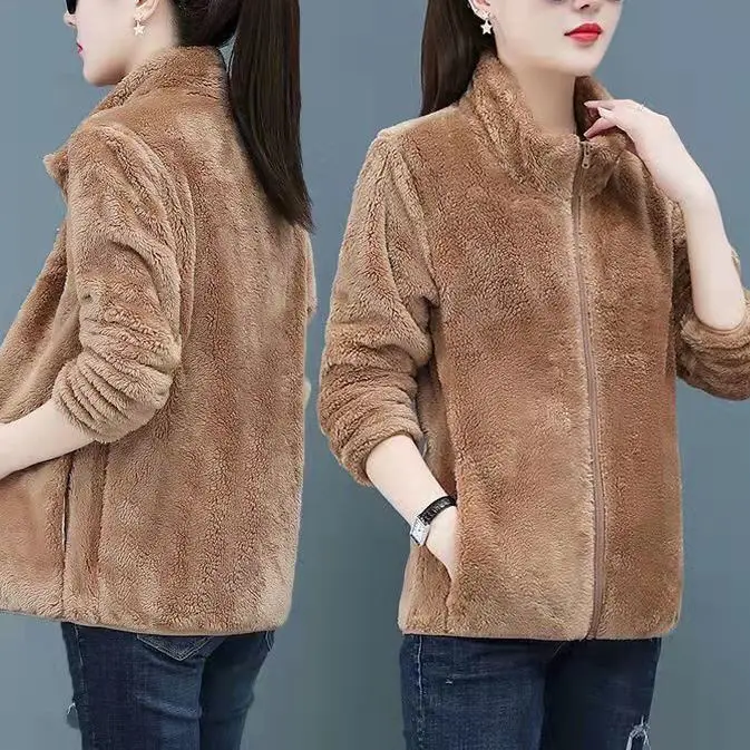 

Double-Sided Fleece Short Thickened Women's Jacket Autumn Winter Warmth Grasping Flocking Upper Apparel Female Sweatshirt